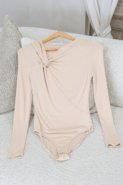 Jessica Bodysuit - Asymmetric Tie Knot Neckline and Push Button Closure in Cream