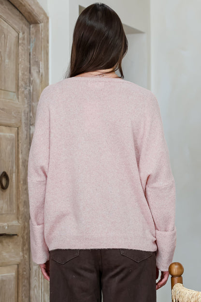 Joanne Knit Top - Crew Neckline Bat Wing Long Sleeve Top in Pale Pink