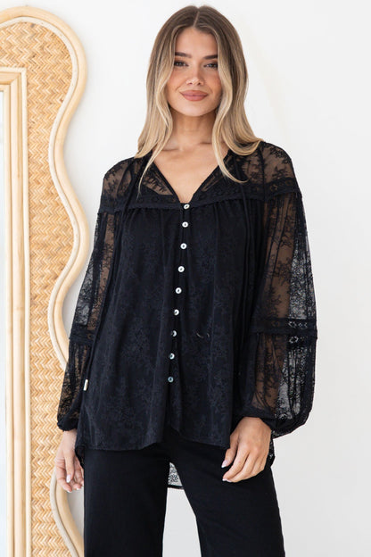 Jocelyn Blouse - Lace Button Down with Cami and Balloon Sleeves in Black