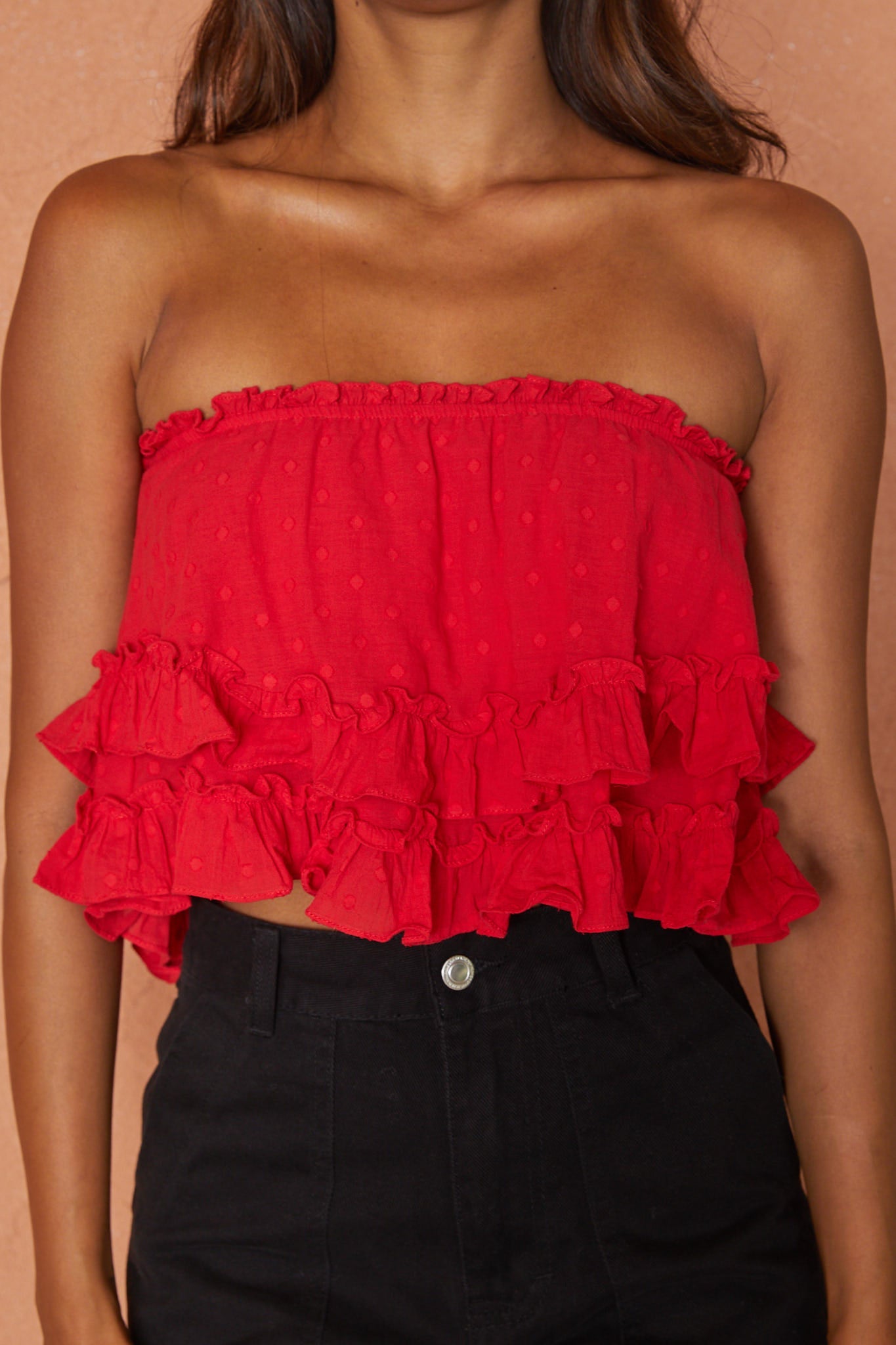 Meet Me At Sunset Frill Trim Bandeau Top Red