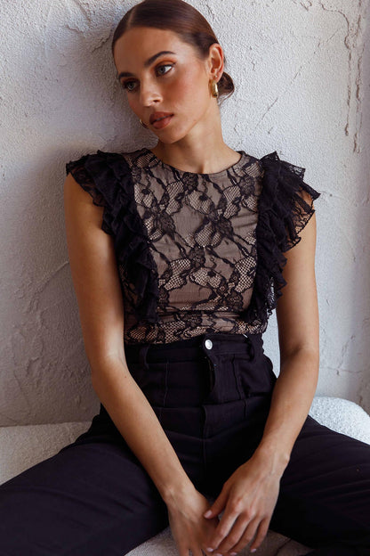 Spring Fling Frill Trim Lace Bodysuit Black