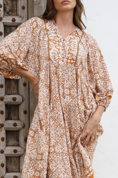 Kamali Midi Dress - Batwing Sleeve Smock Dress with Lace Detailing in Harley Print Rust