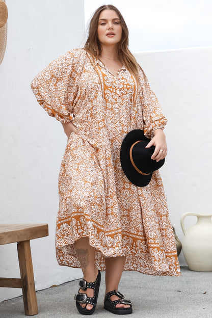 Kamali Midi Dress - Batwing Sleeve Smock Dress with Lace Detailing in Harley Print Rust