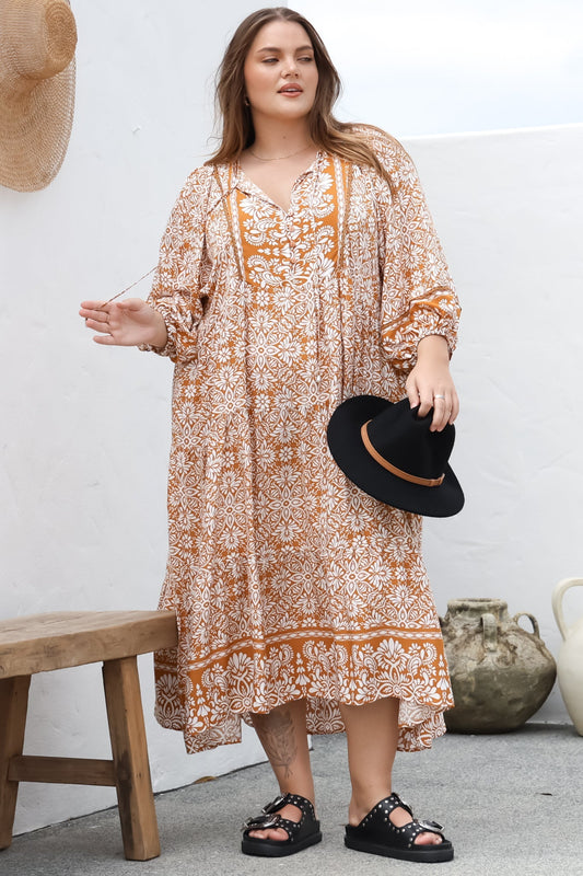 Kamali Midi Dress - Batwing Sleeve Smock Dress with Lace Detailing in Harley Print Rust