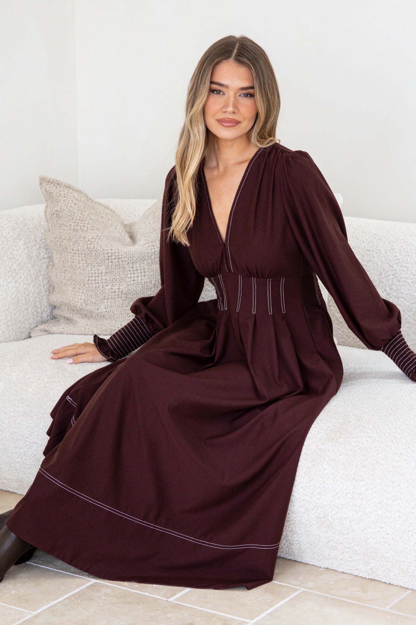 Karey Midi Dress - Fit and Flare Contrast Stitching Dress in Wine