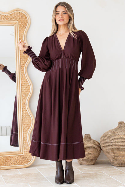 Karey Midi Dress - Fit and Flare Contrast Stitching Dress in Wine