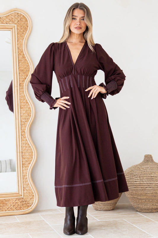 Karey Midi Dress - Fit and Flare Contrast Stitching Dress in Wine