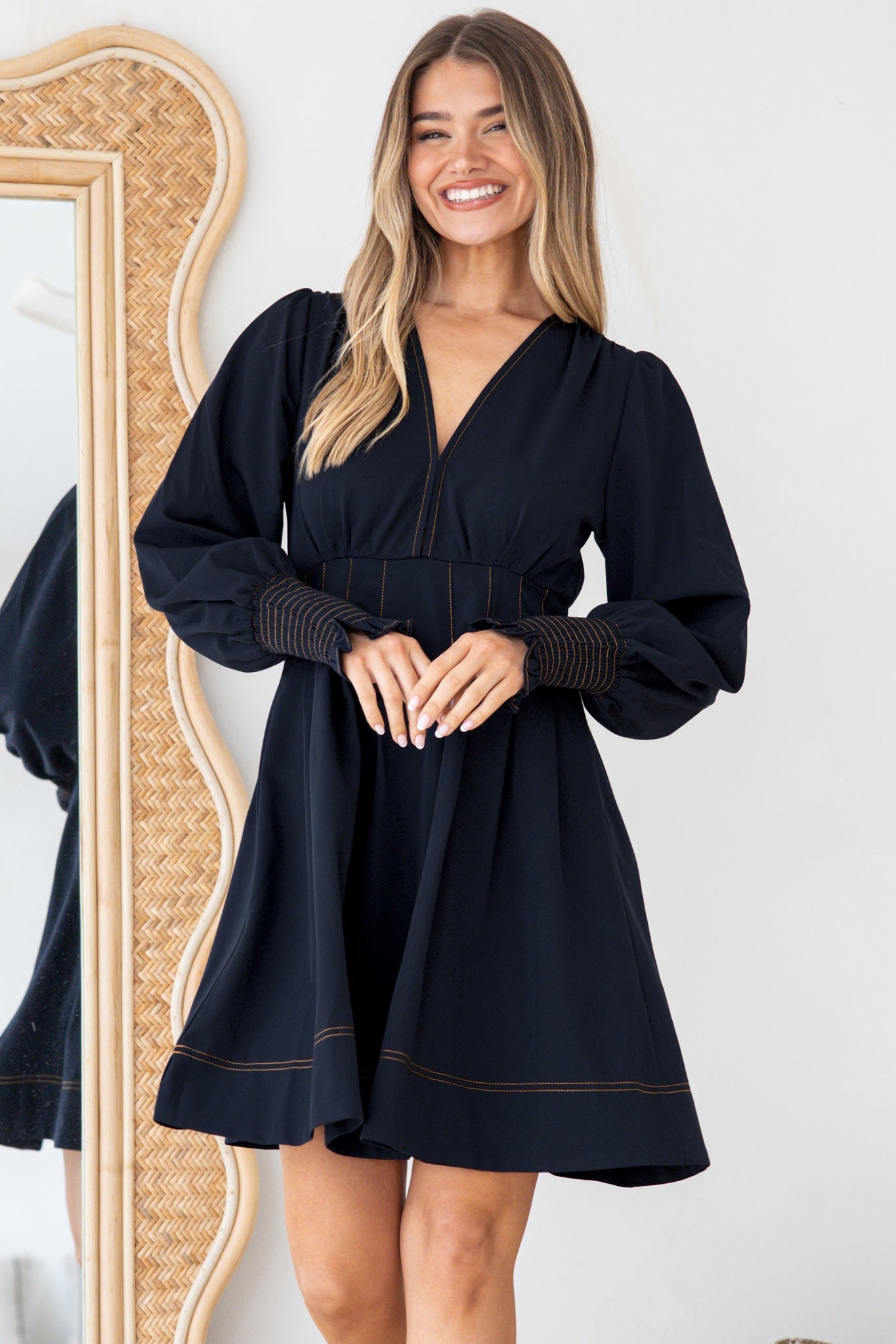Karey Mini Dress - Fit and Flare Contrasr Stitching Dress in Dark Denim
