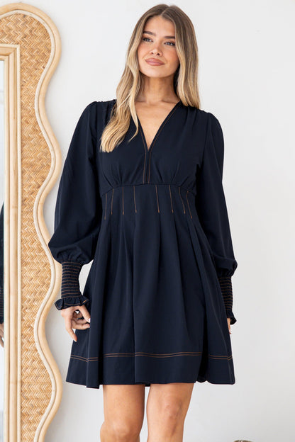 Karey Mini Dress - Fit and Flare Contrasr Stitching Dress in Dark Denim