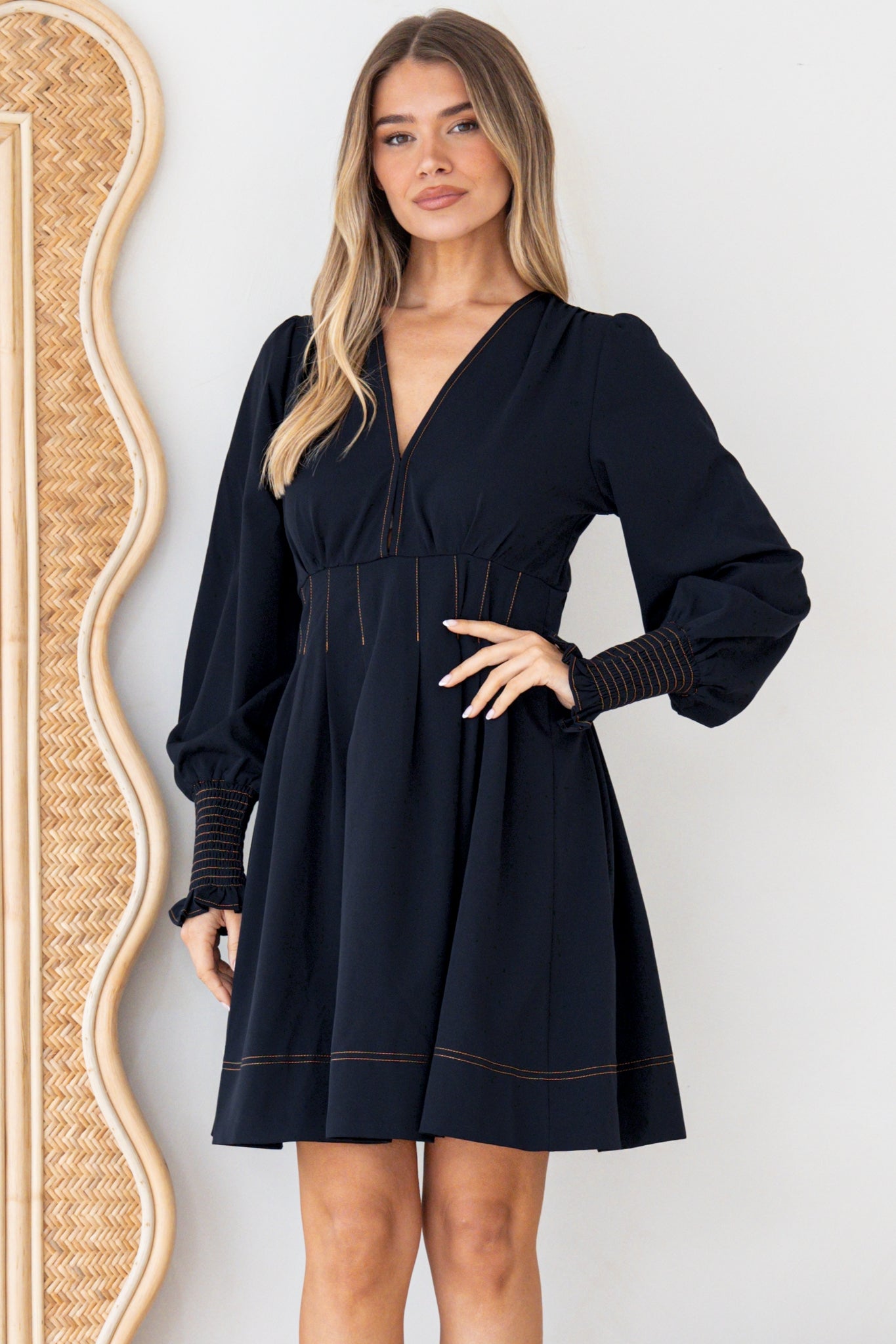 Karey Mini Dress - Fit and Flare Contrasr Stitching Dress in Dark Denim