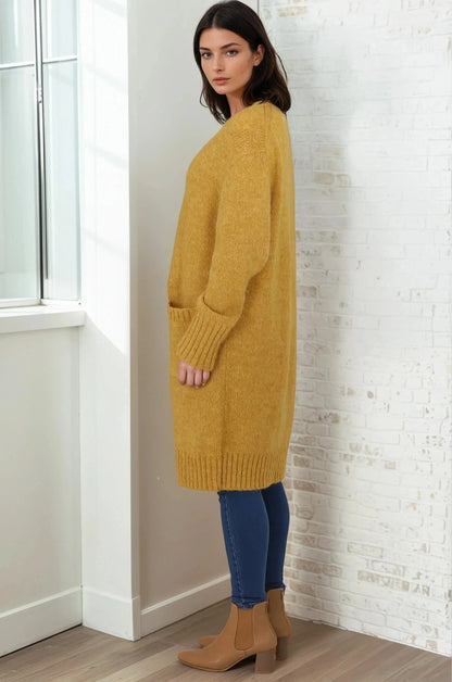 Kartika Cardigan - Long Ribbed Cuff and Hem Cardigan with Pockets in Mustard