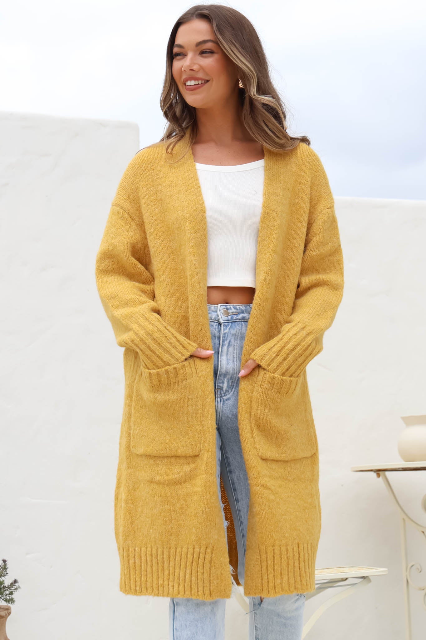 Kartika Cardigan - Long Ribbed Cuff and Hem Cardigan with Pockets in Mustard