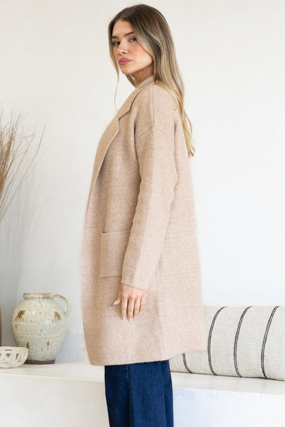 Keagan Cardigan - Folded Lapel Collar Coatigan with Pockets in Camel