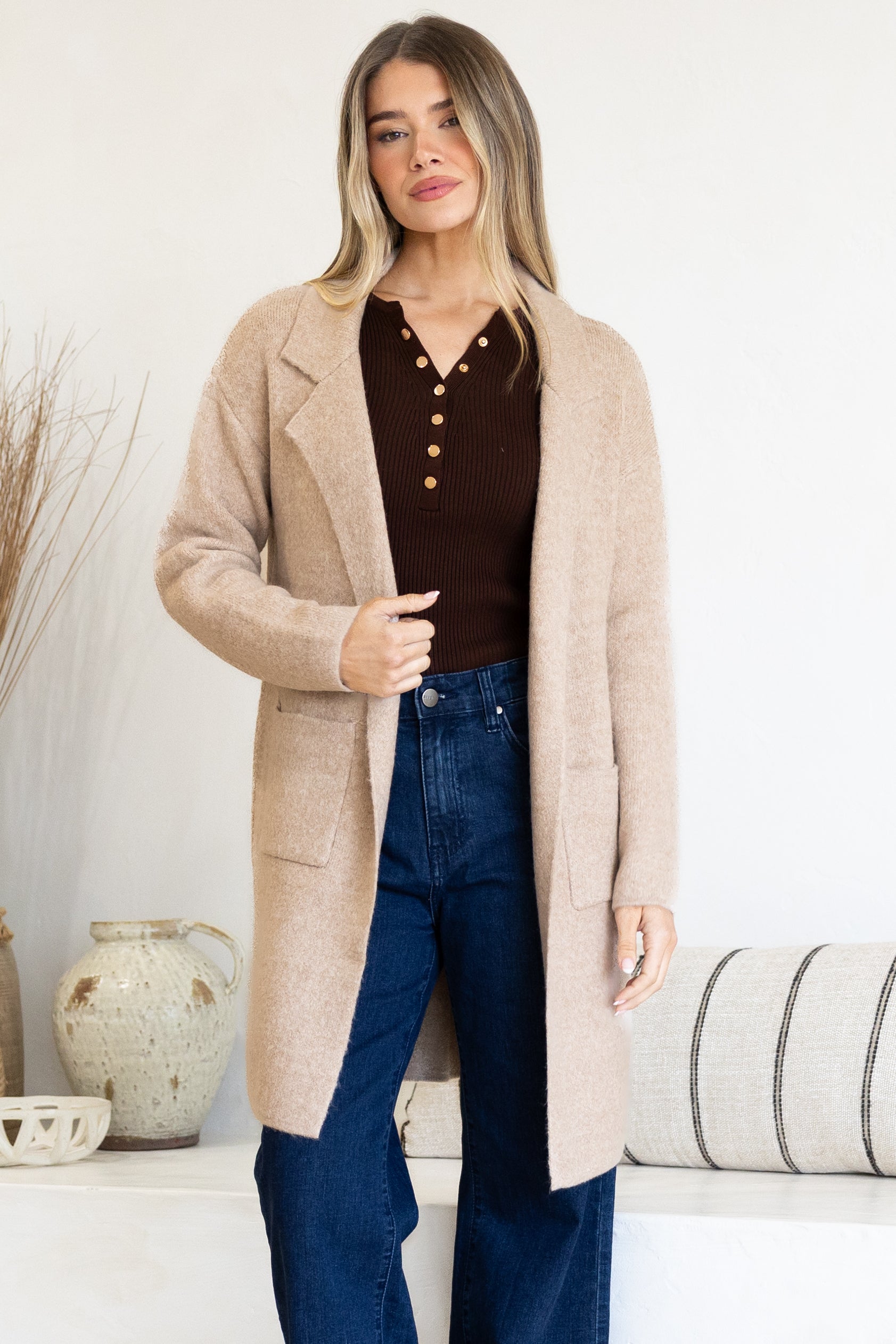 Keagan Cardigan - Folded Lapel Collar Coatigan with Pockets in Camel