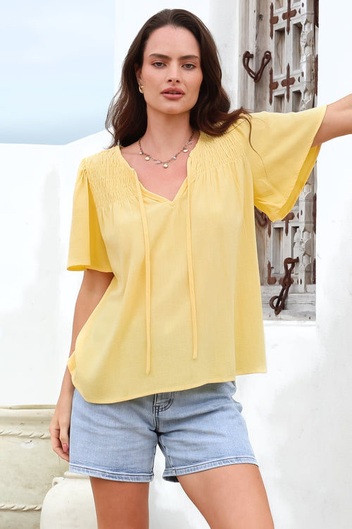 Kendra Top - V Neck Short Sleeve Top with Necktie in Lemon