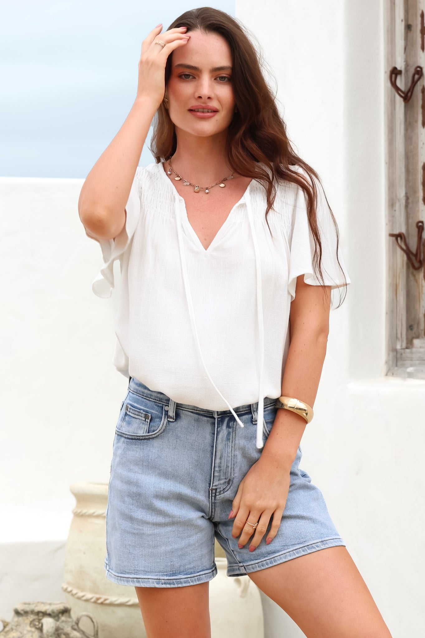 Kendra Top - V Neck Short Sleeve Top with Necktie in White