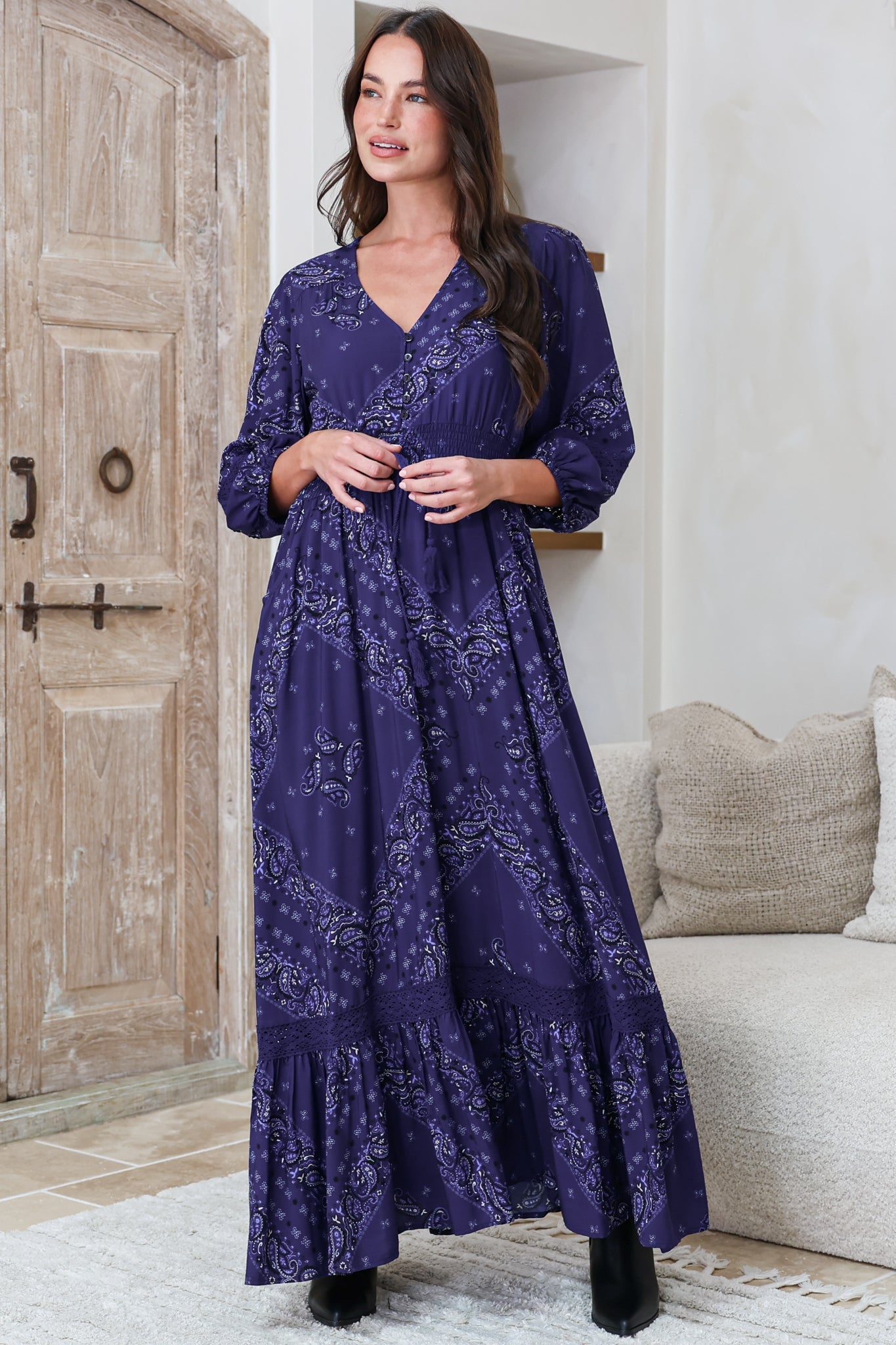 Kiaba Maxi Dress - V-Neck Buttoned Bodice 3/4 Sleeve A-Line Dress with Lace Inserts in Vilma Print Navy