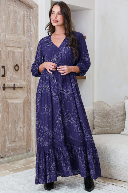 Kiaba Maxi Dress - V-Neck Buttoned Bodice 3/4 Sleeve A-Line Dress with Lace Inserts in Vilma Print Navy