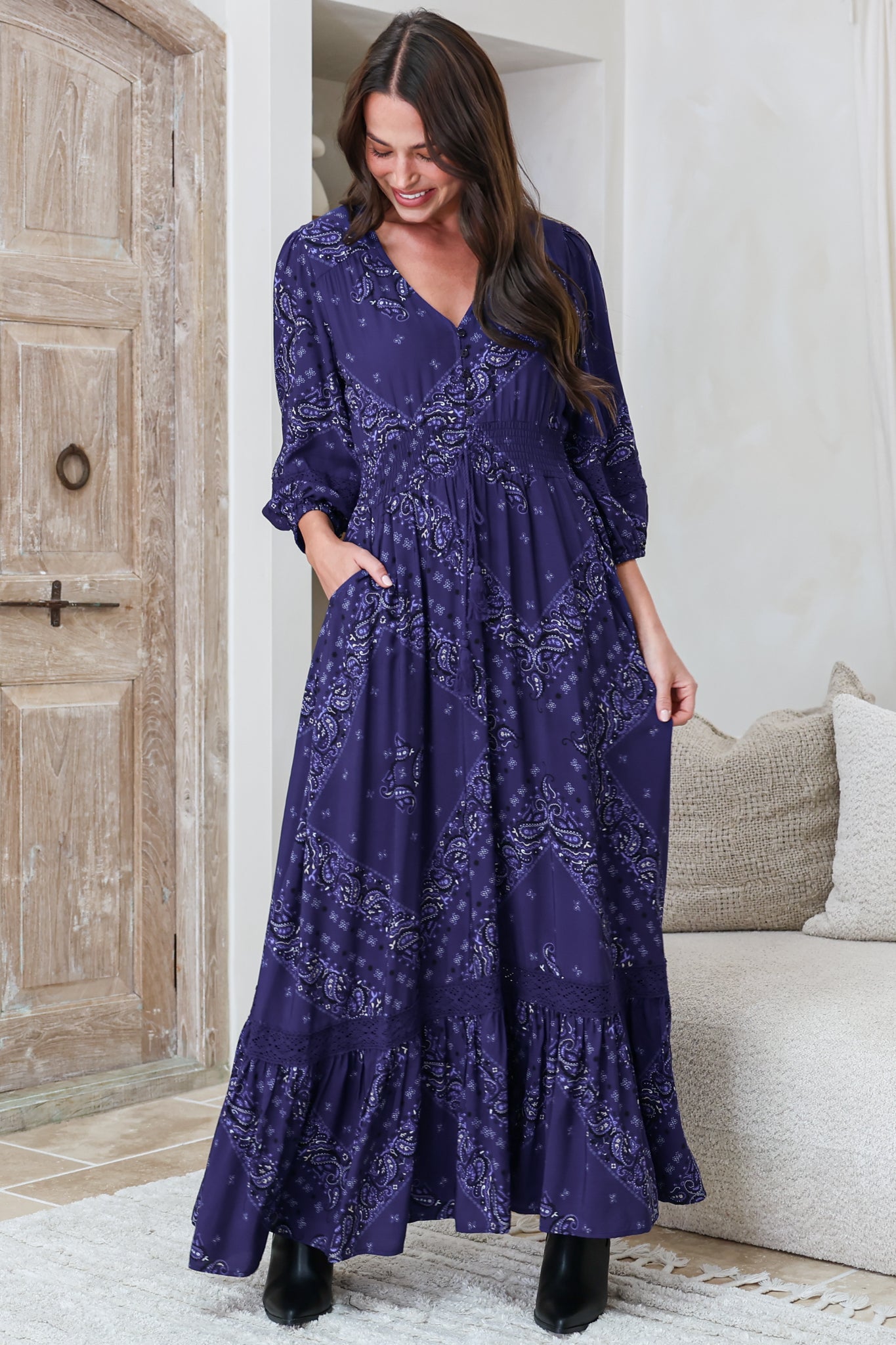 Kiaba Maxi Dress - V-Neck Buttoned Bodice 3/4 Sleeve A-Line Dress with Lace Inserts in Vilma Print Navy