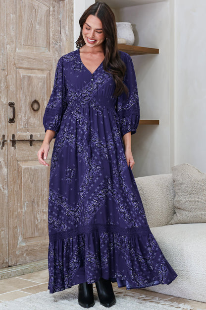 Kiaba Maxi Dress - V-Neck Buttoned Bodice 3/4 Sleeve A-Line Dress with Lace Inserts in Vilma Print Navy