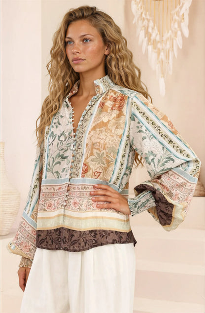 Kiralee Blouse - Mock Split Collar Balloon Sleeve Button Down Shirt in Lyla Print