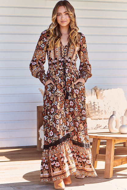 JAASE - Sabrina Maxi Dress: A Line Button Through Dress with Long Sleeves in Hennie Print