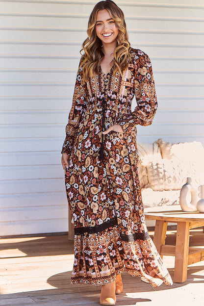 JAASE - Sabrina Maxi Dress: A Line Button Through Dress with Long Sleeves in Hennie Print