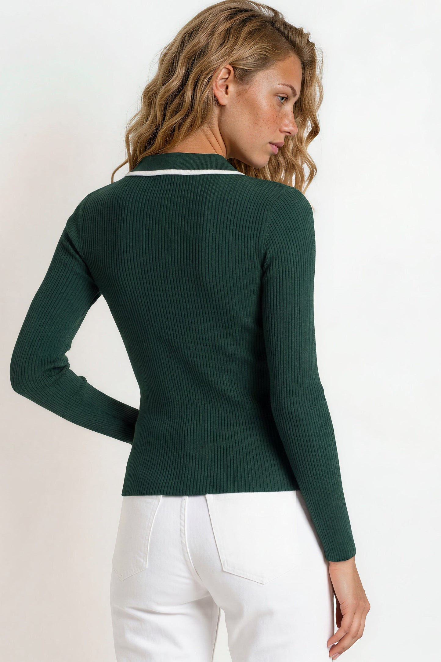 Landon Knit Top - Wing Collar Ribbed Knit with Contrast Trims and Buttoned Neckline in Evergreen