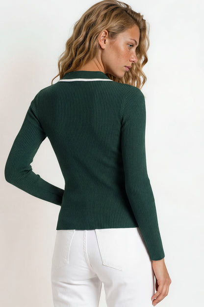 Landon Knit Top - Wing Collar Ribbed Knit with Contrast Trims and Buttoned Neckline in Evergreen