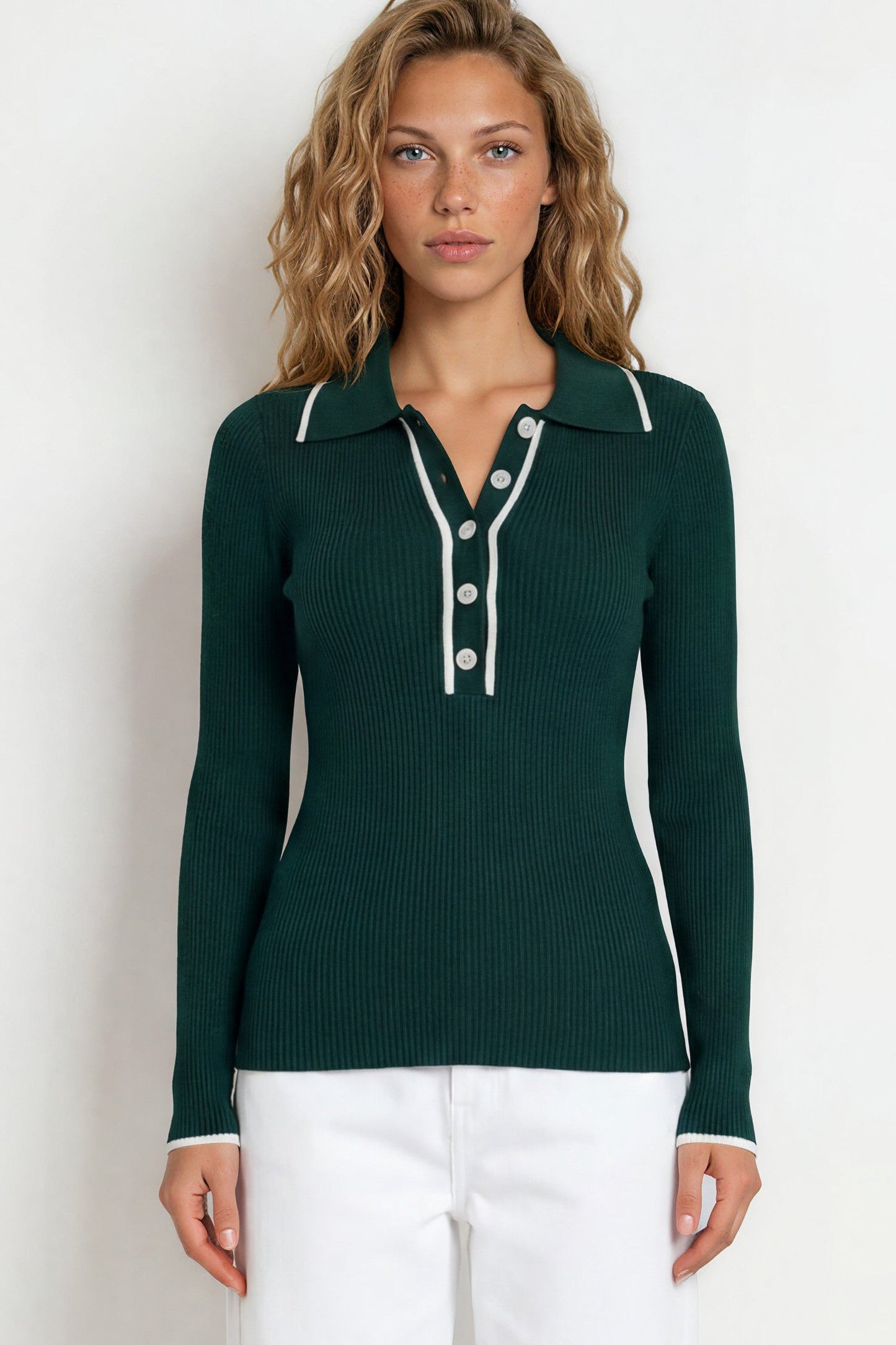Landon Knit Top - Wing Collar Ribbed Knit with Contrast Trims and Buttoned Neckline in Evergreen