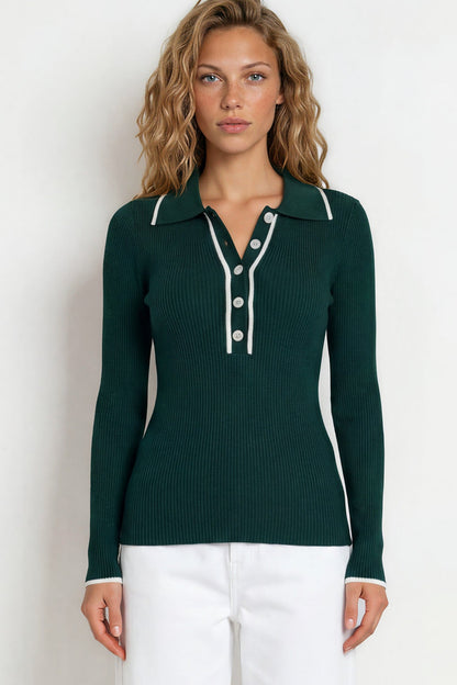 Landon Knit Top - Wing Collar Ribbed Knit with Contrast Trims and Buttoned Neckline in Evergreen