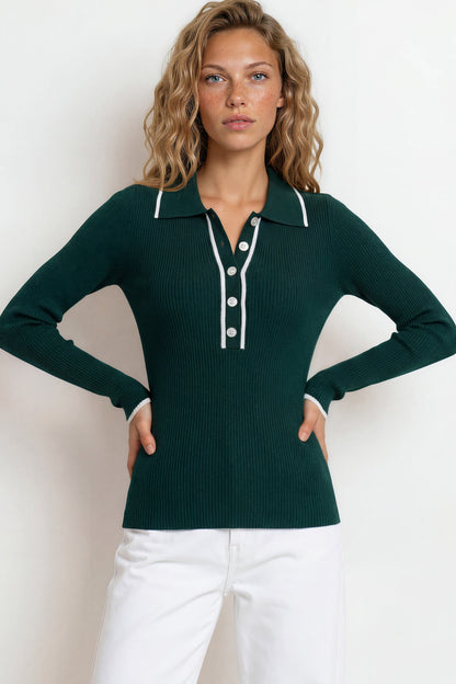 Landon Knit Top - Wing Collar Ribbed Knit with Contrast Trims and Buttoned Neckline in Evergreen