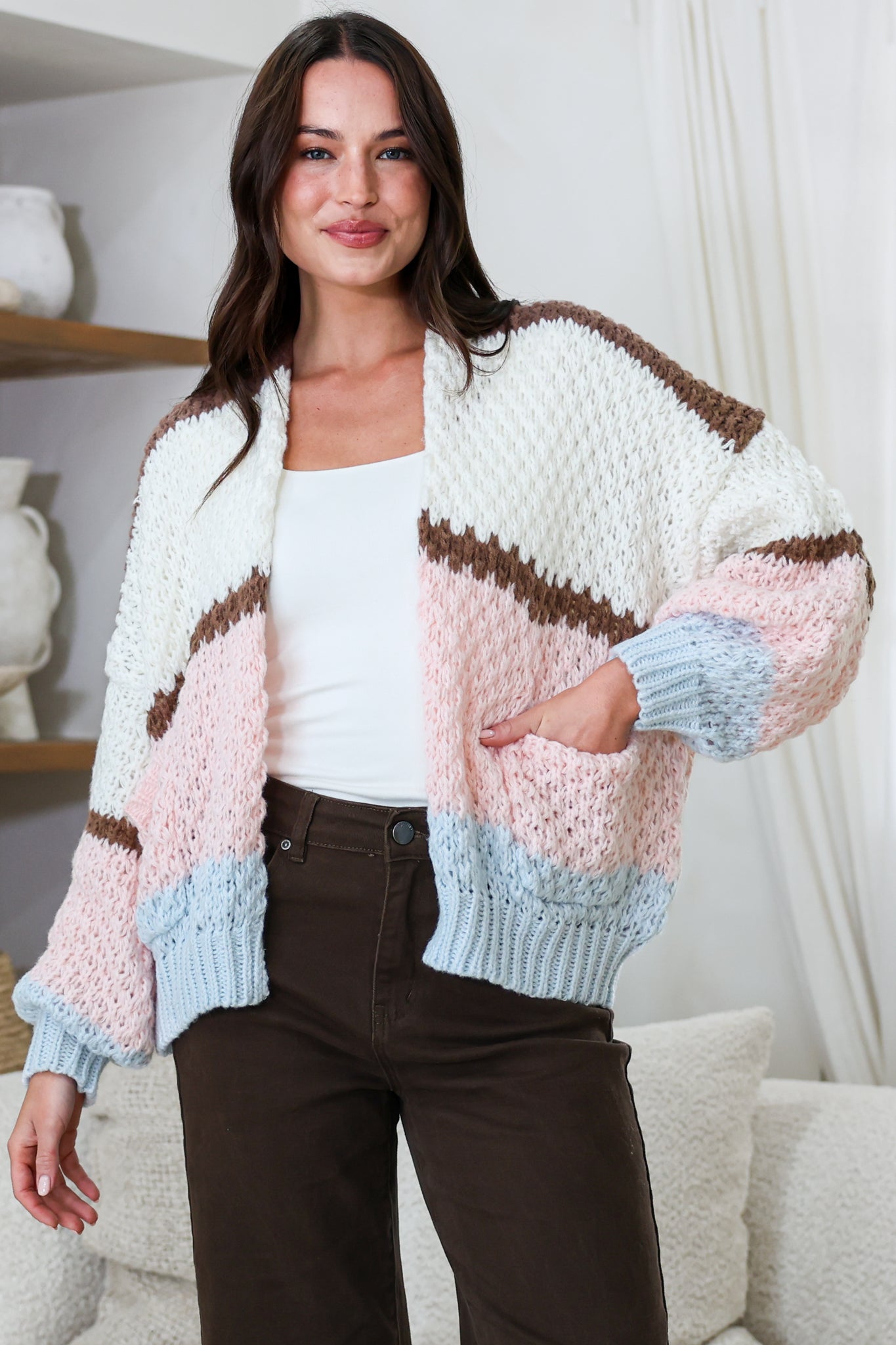 Lane Cardigan - Cropped Open Lattice Knit with Pockets and Balloon Sleeves in Marshmallow