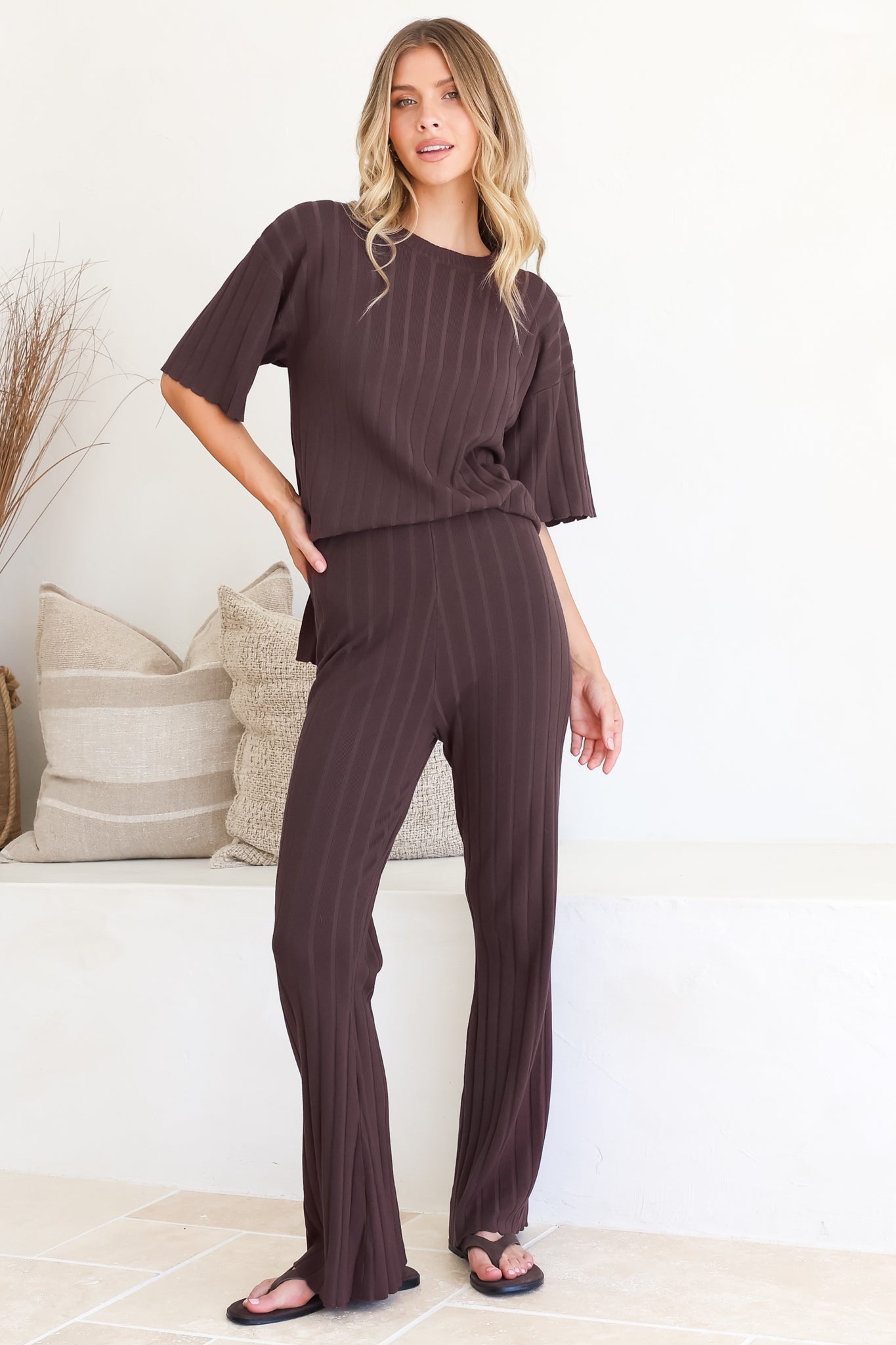 Lisette Set - Ribbed Knit Crew Neck Top and Subtle High Waisted Flared Tights in Chocolate