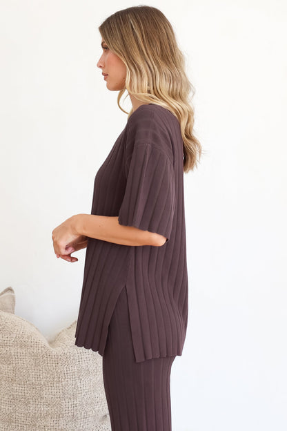 Lisette Set - Ribbed Knit Crew Neck Top and Subtle High Waisted Flared Tights in Chocolate