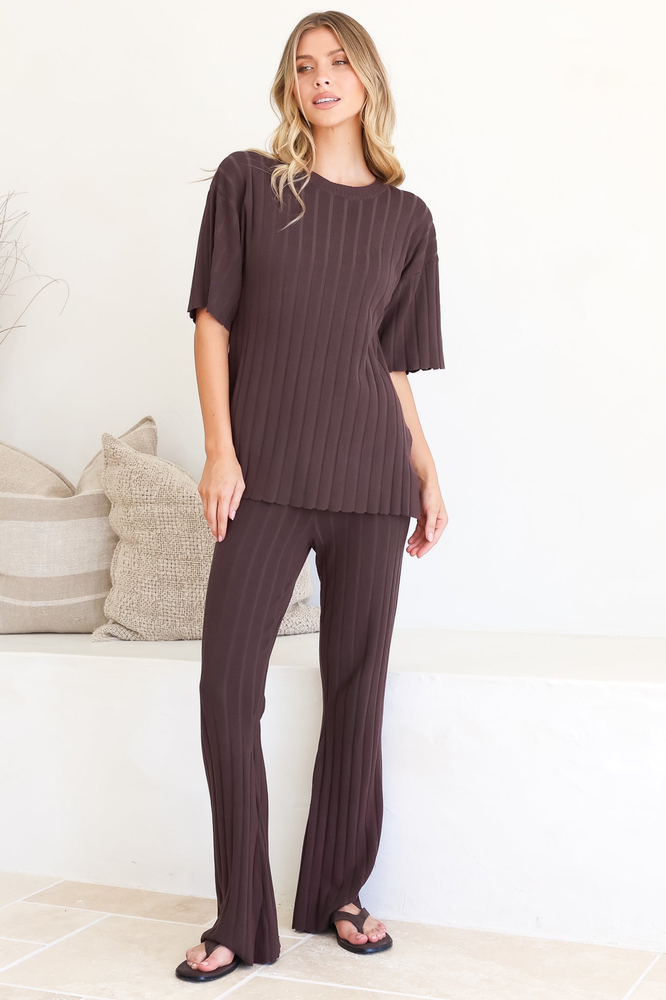 Lisette Set - Ribbed Knit Crew Neck Top and Subtle High Waisted Flared Tights in Chocolate