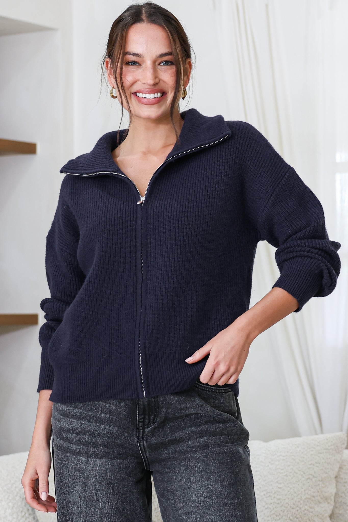 Logan Cardigan - Zipper Front Ribbed Knit with Wing Collar in Navy