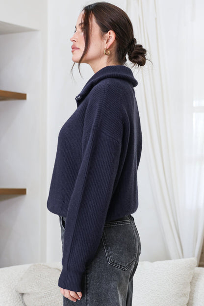 Logan Cardigan - Zipper Front Ribbed Knit with Wing Collar in Navy