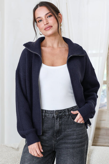 Logan Cardigan - Zipper Front Ribbed Knit with Wing Collar in Navy