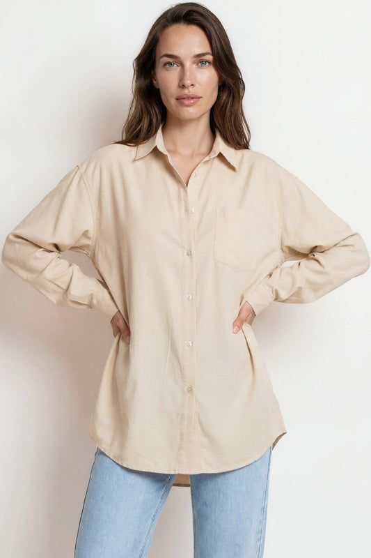 Lopez Shirt - Wing Collared Oversized Button Down with Bodice Pocket in Beige
