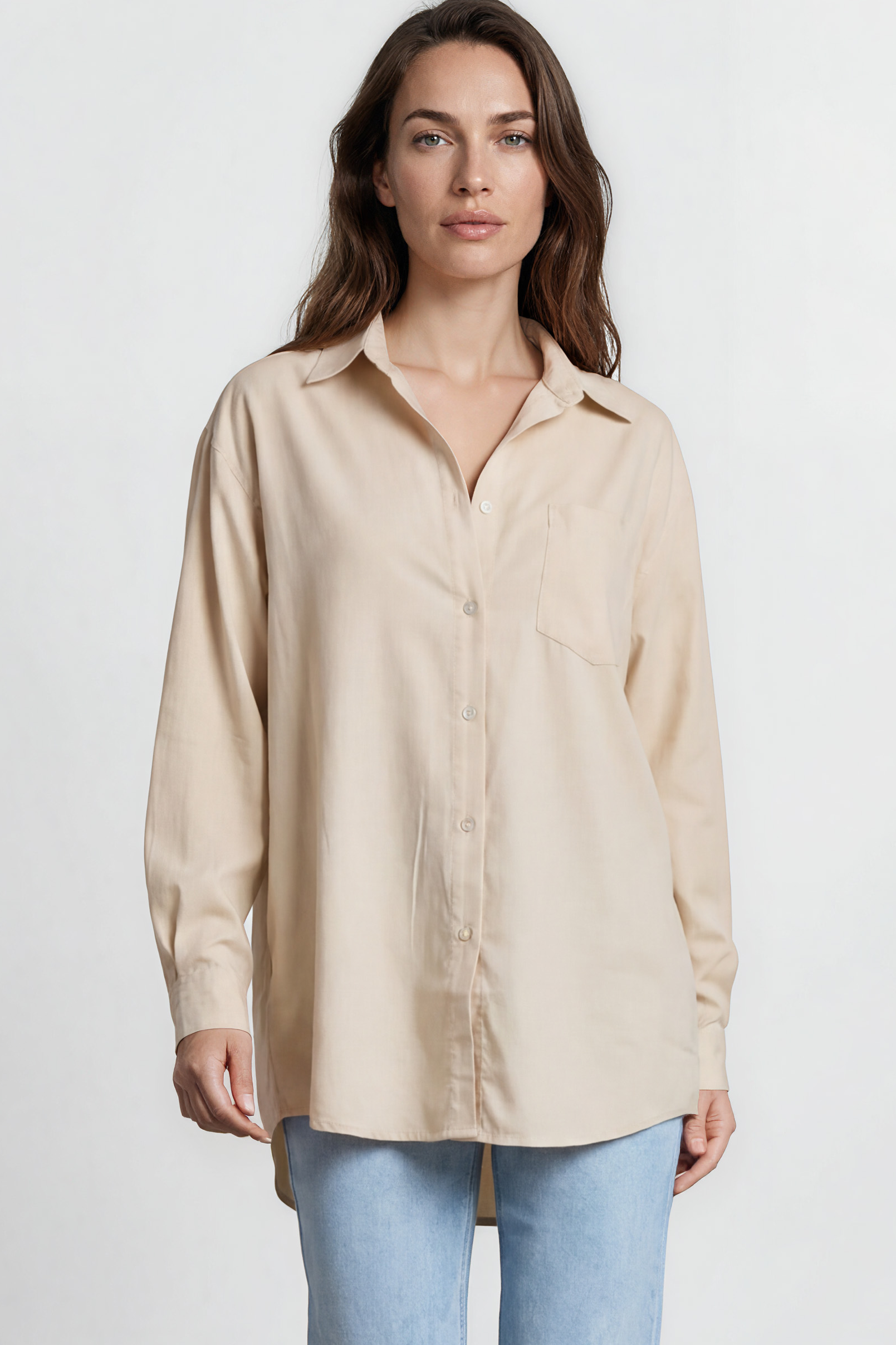 Lopez Shirt - Wing Collared Oversized Button Down with Bodice Pocket in Beige