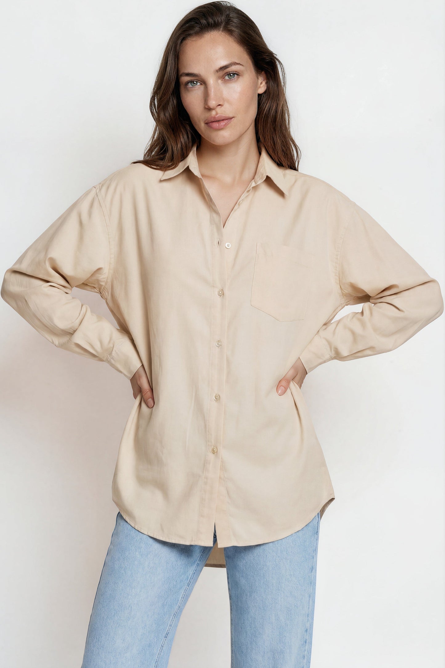 Lopez Shirt - Wing Collared Oversized Button Down with Bodice Pocket in Beige