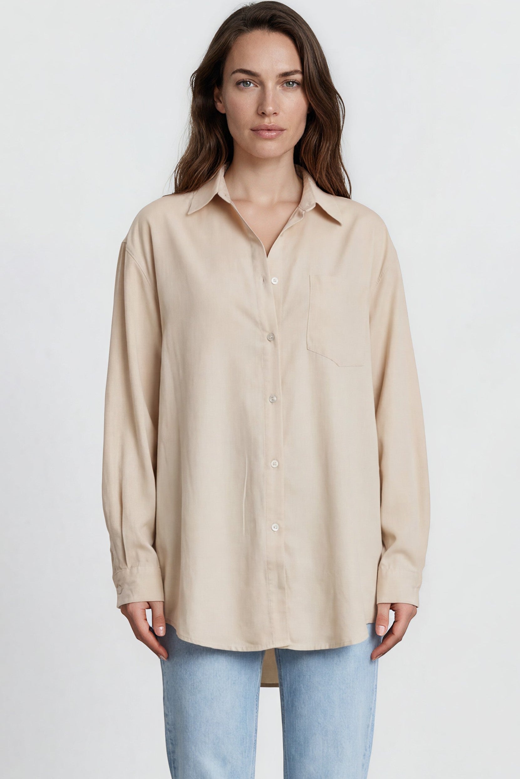 Lopez Shirt - Wing Collared Oversized Button Down with Bodice Pocket in Beige
