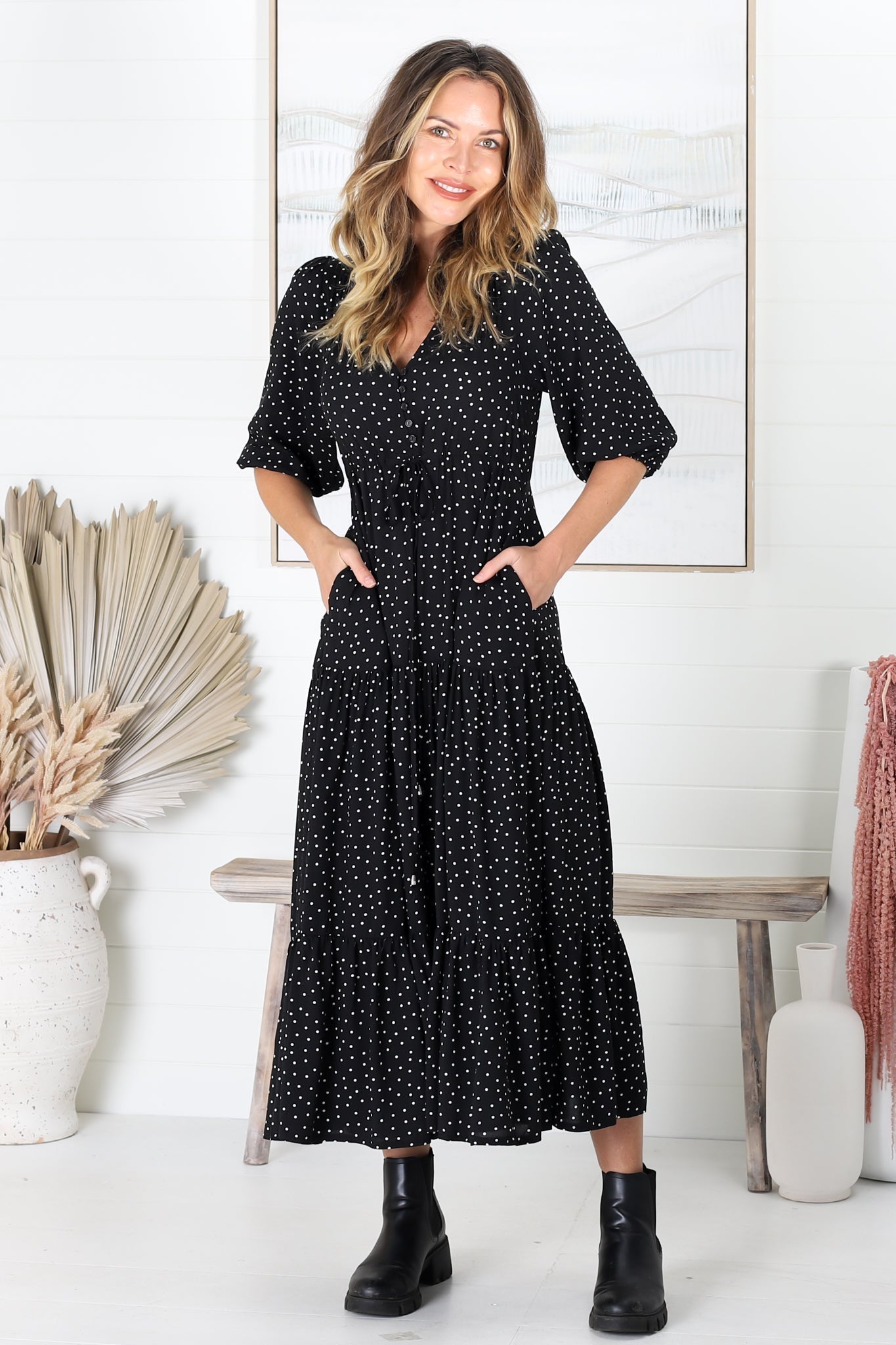 Montania Maxi Dress - Buttoned Bodice Pull in Waist Dress