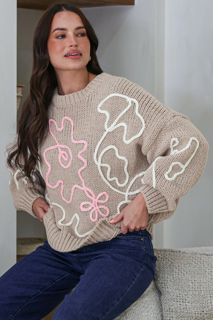 Lulu Jumper - Crew Neck Abstract Floral Motif Knit with Balloon Sleeves in Taupe