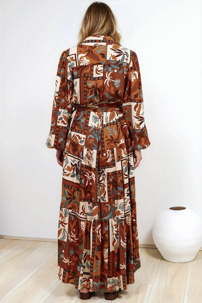 Luxley Maxi Dress - Collared Button Down Shirt Dress with Matching Belt in Jaya Muse Print