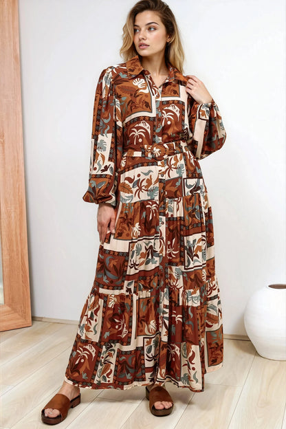Luxley Maxi Dress - Collared Button Down Shirt Dress with Matching Belt in Jaya Muse Print