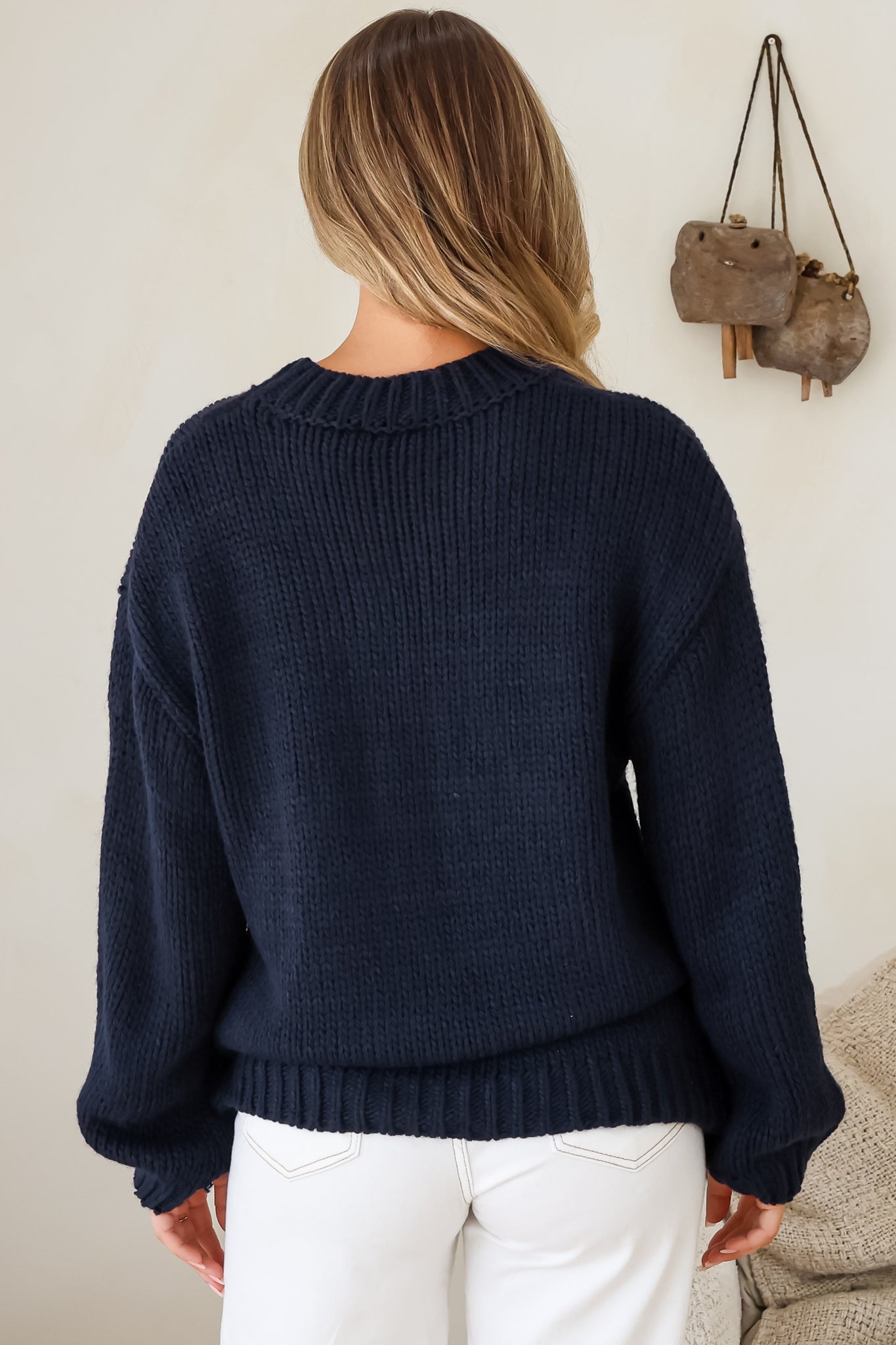 Ma Cherie Jumper - Embroidered Thick Knit with Crew Neck and Long Sleeves in Navy