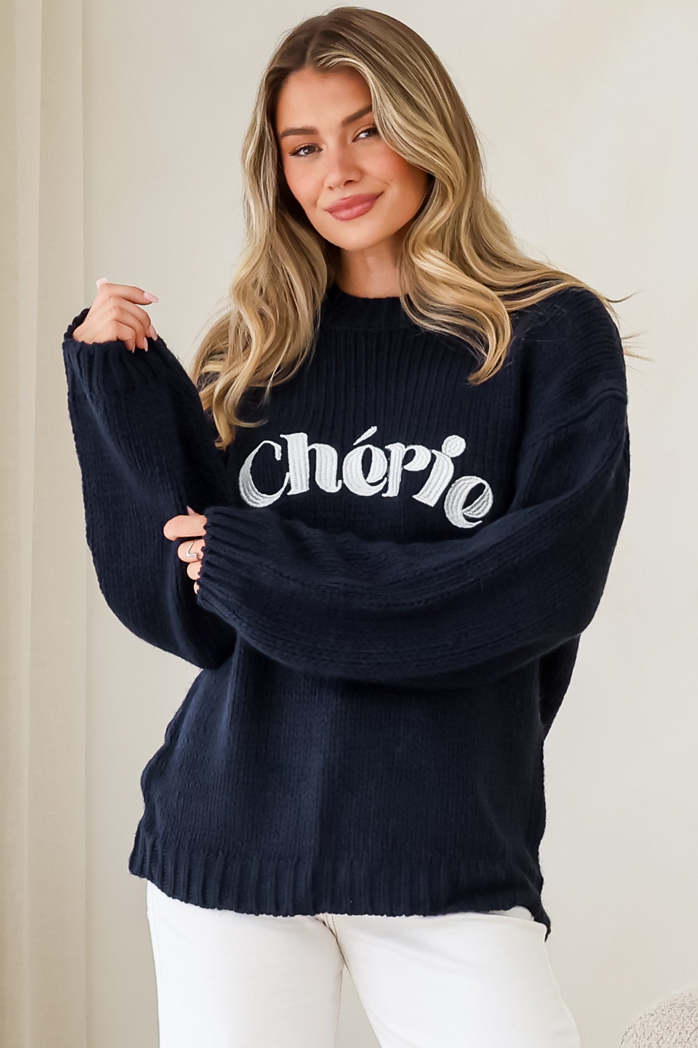 Ma Cherie Jumper - Embroidered Thick Knit with Crew Neck and Long Sleeves in Navy