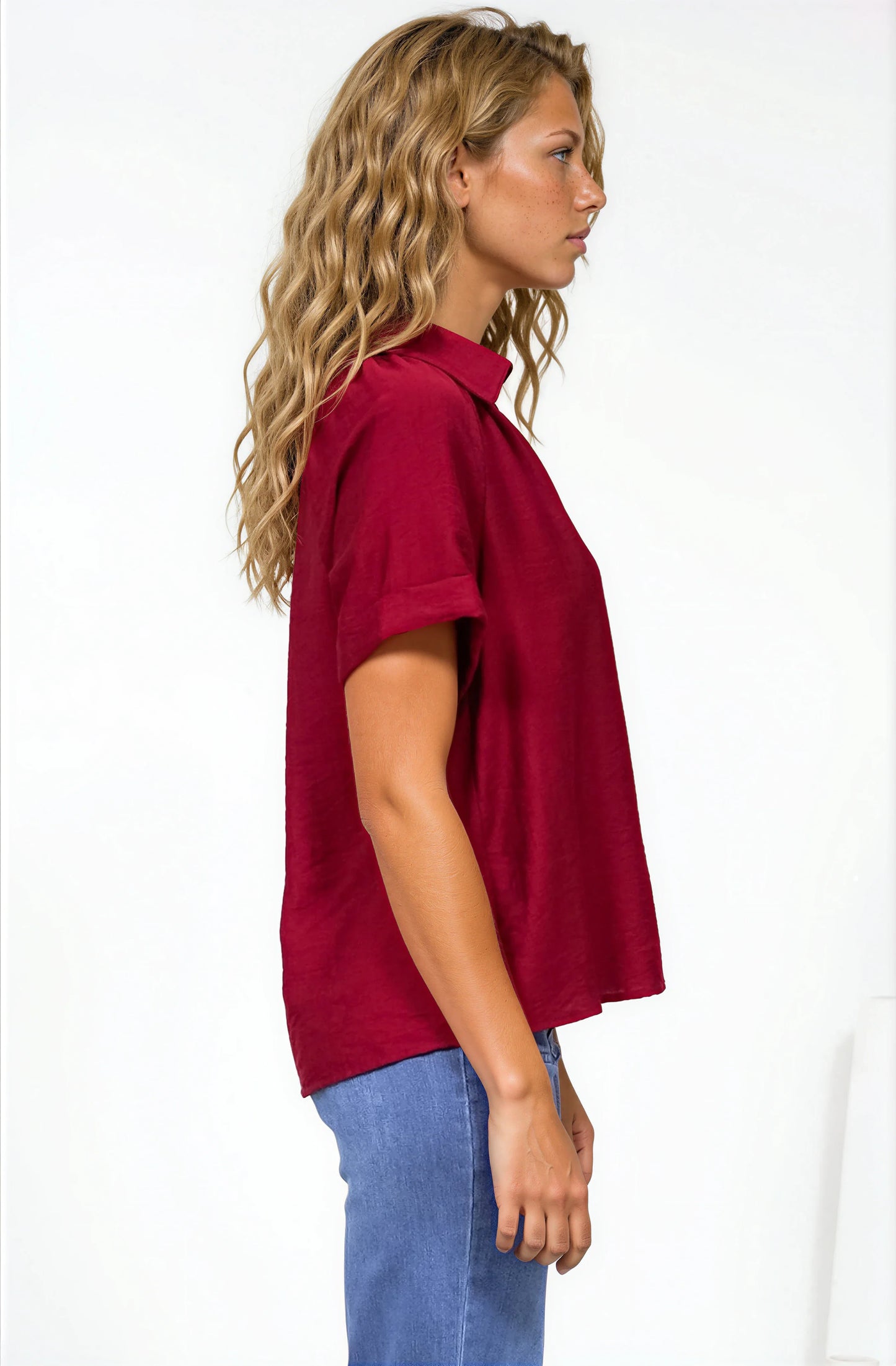 Madge Blouse - Collared Button Down with Short Sleeves in Wine